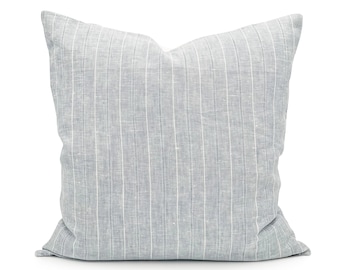 Housse d’oreiller décorative rayée en lin bleu // Housse de coussin lombaire pour canapé
