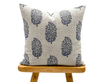 Designer Floral Indigo Blue with Blue Grey on Natural Linen Pillow Cover, Floral Blue Modern Farmhouse Pillow, Decorative Throw Pillow