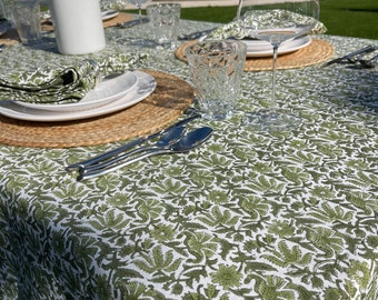 Olive Green Floral Design on Natural Linen Table Cover, Green Table Linen, Christmas Decor Tablecloth, Floral Table linen in Olive Green