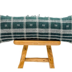 Extra langer lumbaler Kissenbezug, indisches Wollkissen, blaugrünes Wollkissen, blauer Kissenbezug, Nackenrolle, Bauernhauskissen