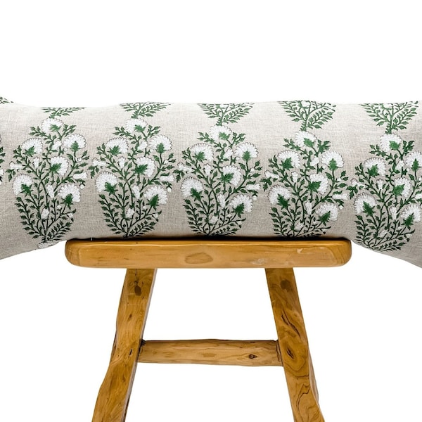 Designer Fleur Olive on Natural Linen Pillow Cover, Green and White Pillow, Boho Pillow, Decorative Throw Pillow, Floral pillow, Long pillow