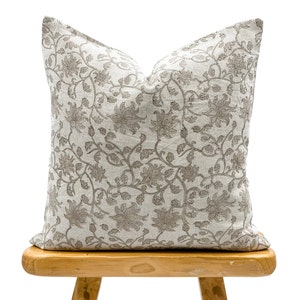 Designer Grey Beige Floral Design on Natural Linen Pillow Cover, Beige soft grey Pillow cover, Boho Pillow, Farmhouse Pillow, Floral pillow