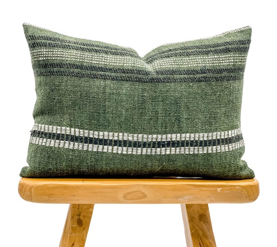 Lumbar Pillow Cover, Indian Wool Pillow Cover, Green Wool Pillow, Green and  White Pillow Cover 14x20, Lumbar Pillow 14x20, Farmhouse Pillow 