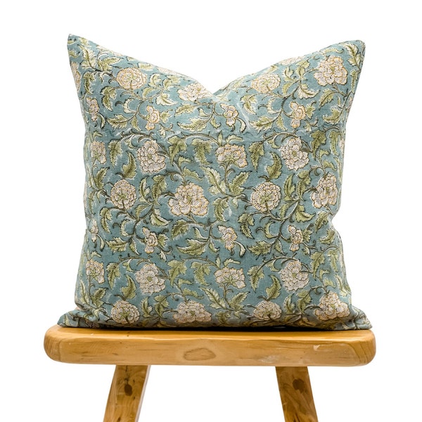 Designer Floral in teal, Green and yellow on Natural Linen Pillow Cover, Floral Pillow cover, Decorative Throw Pillow, Farmhouse pillow