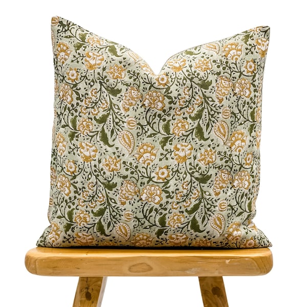 Designer Floral Print on Natural Linen Pillow Cover, Olive green and Mustard Pillow cover, Boho Pillow, Floral Throw pillow cover