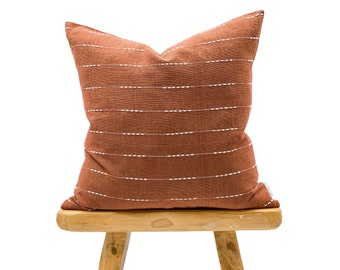 Rust with white woven Stripes Pillow Cover, White and rust pillow, Farmhouse pillow, White stripes on rust textured pillow Cover