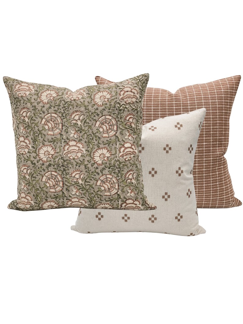 Kufri Hiroki in Dusty Mauve Cream white and tan dots Hmong KRINTO pillow combination #2 Pillow set Designer Nisa Mave on Natural Linen