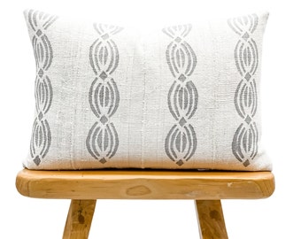 Authentic African Pillow, Lumbar Mudcloth Pillow, White with Grey DesignPillow Cover| Throw Pillow cover, Sofa Cushion 14x20