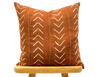 Authentic African Pillow, Rust Brown Mudcloth Pillow, Rust Pillow Cover with White Chevrons, Throw Pillow cover, Cushion 22x22