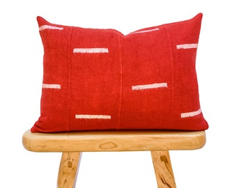 Authentic African Pillow, Lumbar Mudcloth Pillow,Red with White Lines Pillow Cover| Throw Pillow cover, Sofa Cushion 14x20