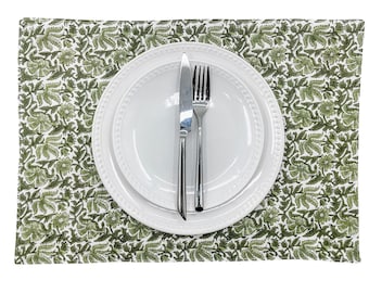 Set of 4 Linen table placemats, Double layer dinner place mats, Olive Green Floral Linen Placemats for Dining Table, Wedding, Everyday Use