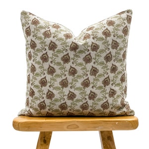 Designer Green and Terra Cotta Floral Design on Natural Linen Pillow Cover, Green and Saffron Pillow cover, Boho Pillow, Farmhouse Pillow