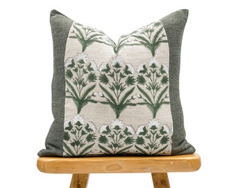 Green Floral Pillow Cover, Olive green with Printed Flowers Pillow, One of a kind Pillow Cover 20x20, Farmhouse pillow, High End pillow