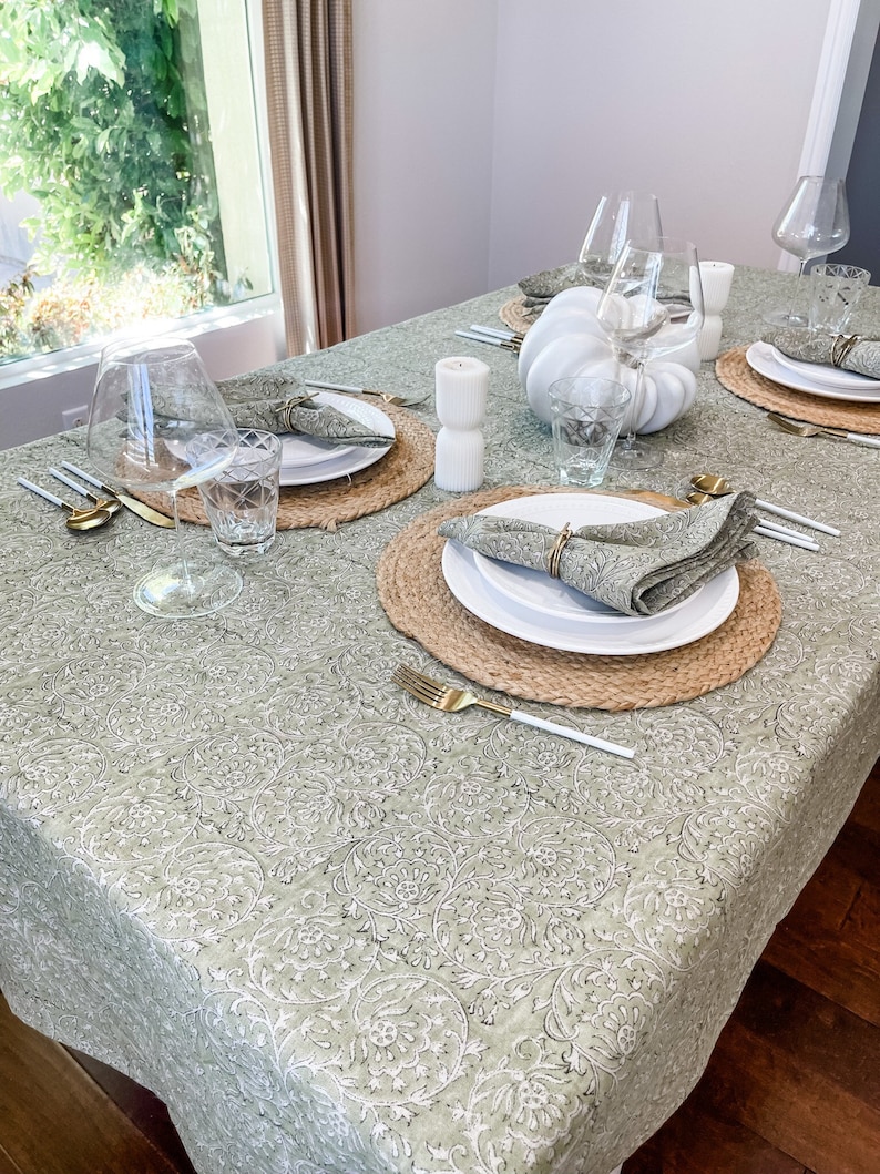 Light Olive Green Floral Design on Natural Linen Table Cover, Neutral Table Linen, Fall Decor Tablecloth, Floral Table linen in Light Green image 1