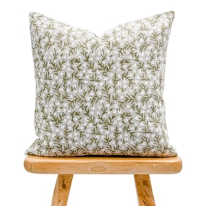 Designer Moss Green Floral Design on Natural Linen Pillow Cover, Green and White Pillow cover, Boho Pillow, Farmhouse Pillow, Floral pillow