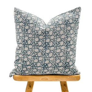 Designer Floral Teal Blue on Natural Linen Pillow Cover, Blue Pillow cover, Boho Pillow, Decorative Throw Pillow, Floral pillow cover