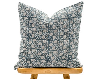 Designer Floral Teal Blue on Natural Linen Pillow Cover, Blue Pillow cover, Boho Pillow, Decorative Throw Pillow, Floral pillow cover