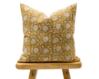 Mostaza amarilla floral de diseñador en funda de almohada de lino natural, funda de almohada amarilla, almohada boho, almohada decorativa, funda de almohada floral