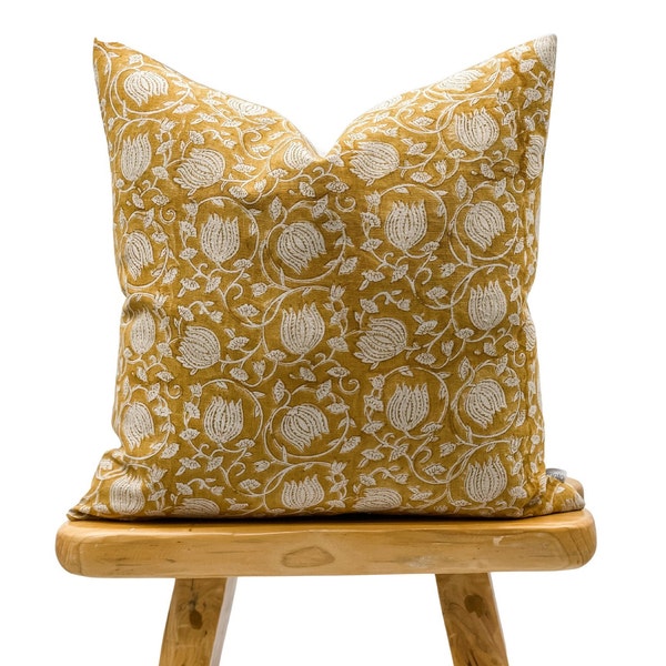 Designer Floral Yellow Mustard on Natural Linen Pillow Cover, Yellow Pillow cover, Boho Pillow, Decorative Pillow, Floral pillow cover