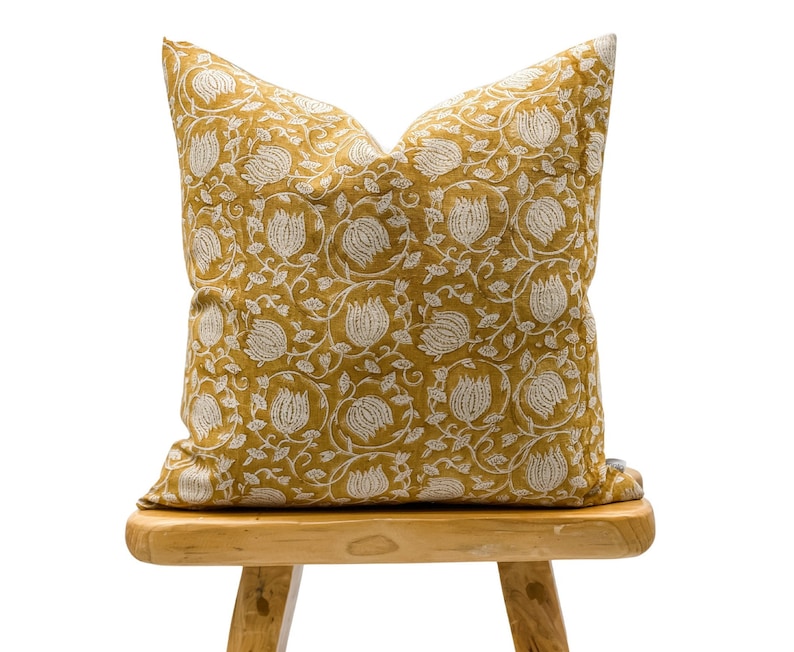 Designer Floral Yellow Mustard on Natural Linen Pillow Cover, Yellow Pillow cover, Boho Pillow, Decorative Pillow, Floral pillow cover image 1