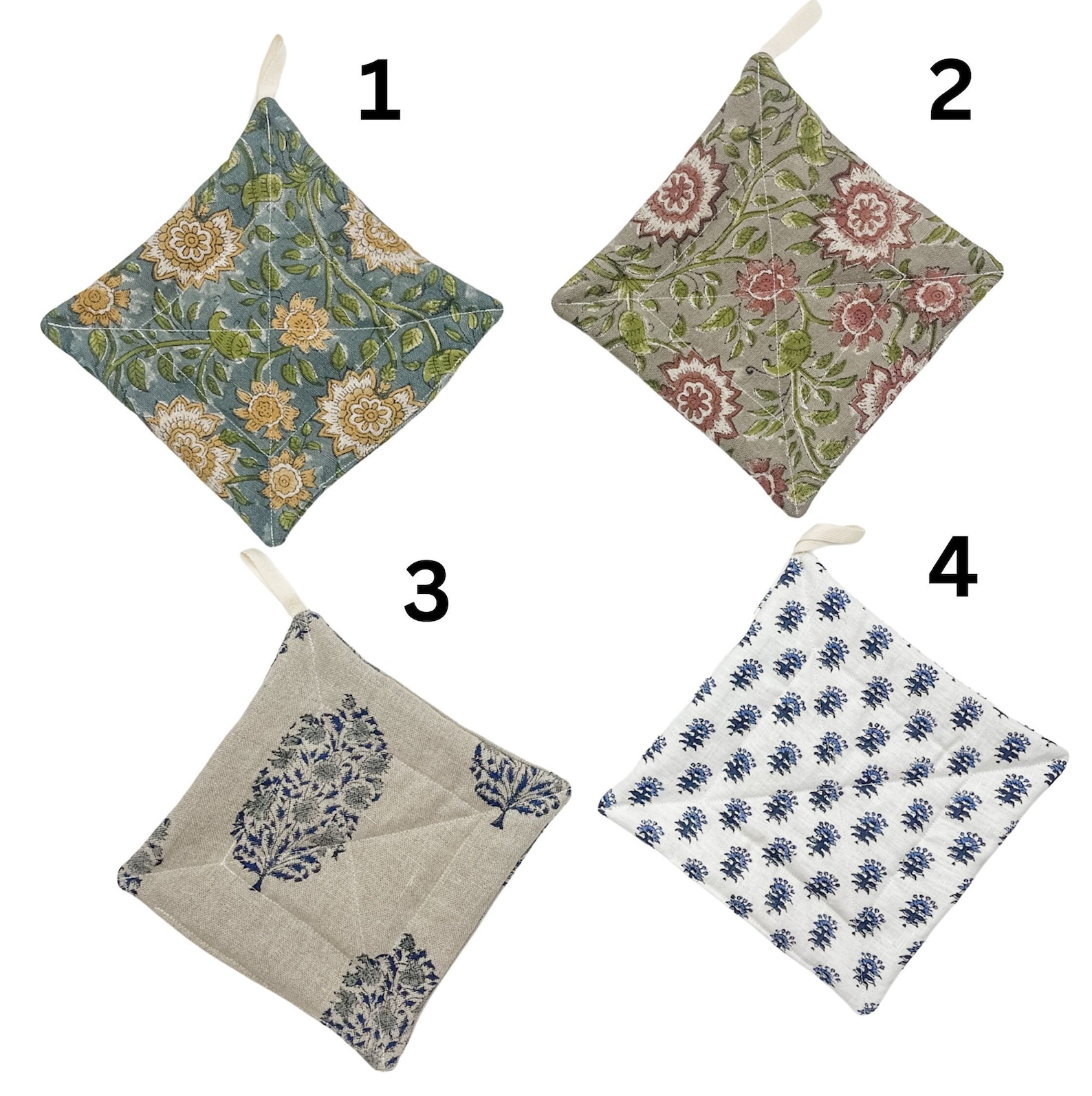 Linen Pot Holder, Hot Pads, Kitchen Gift, Quilted Pot Holder, Square Floral linen Pot Holder, Rusty Linen Potholder, Farmhouse Kitchen gift