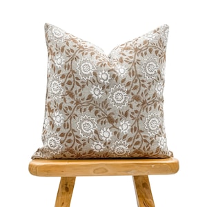 Designer Tan Beige Floral Design on Natural Linen Pillow Cover, Beige and White Pillow cover, Boho Pillow, Farmhouse Pillow, Floral pillow