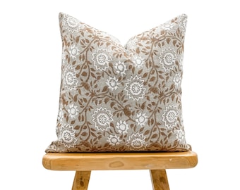 Designer Tan Beige Floral Design on Natural Linen Pillow Cover, Beige and White Pillow cover, Boho Pillow, Farmhouse Pillow, Floral pillow