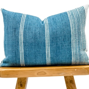 Lumbar Pillow Cover 14x20, Indian Wool Pillow Cover, Light Blue Wool Pillow, Blue with White Stripes Pillow Cover, Farmhouse pillow
