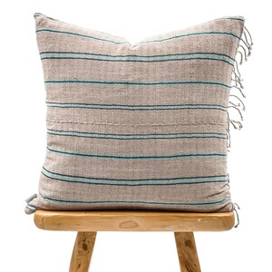 Hmong pillow cover, Tan Beige with black and blue Stripes Throw Pillow, Fringed Pillow, Boho style pillow, Farmhouse Pillow 22" x 22"