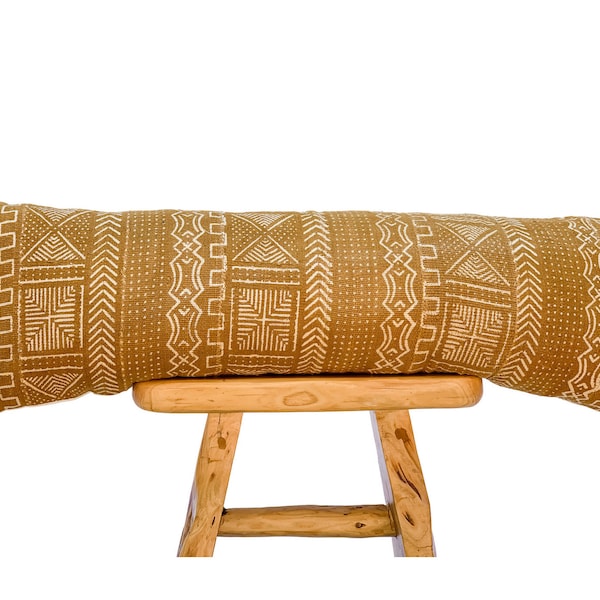 Extra long Bolster Pillow, African Mudcloth Pillow Cover, Extra Long Lumbar Pillow, Long Pillow Mustard and cream Cushion