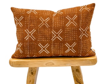 Authentic African Pillow, Rust Mudcloth Pillow with crosses, Brown Rust Pillow Cover with white X, Lumbar Pillow cover, Cushion 14x20