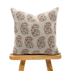 Designer Floral Rust Saffron with Blue Grey on Natural Linen Pillow Cover, Rust and blue Modern Farmhouse Pillow, Decorative Throw Pillow