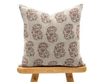 Designer Floral Rust Saffron with Blue Grey on Natural Linen Pillow Cover, Rust and blue Modern Farmhouse Pillow, Decorative Throw Pillow