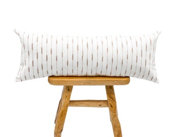 Extra Long Pillow, White and Tan Brown Stripes Pillow Cover, Neutral pillow, White and Tan pillow, Heavyweight Ikat pillow, Farmhouse pillow