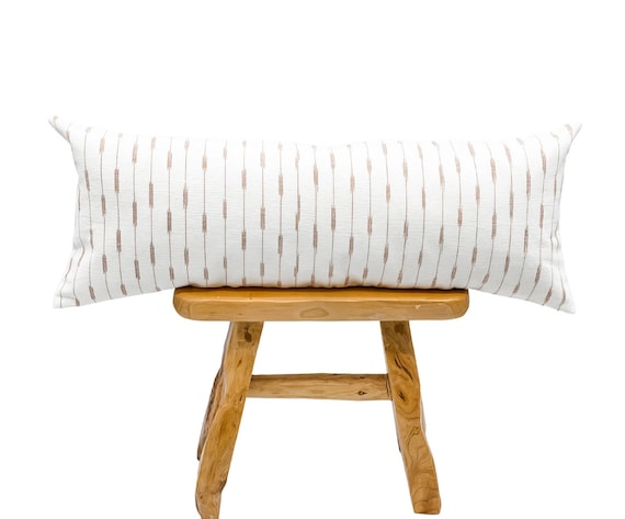 Extra Long Pillow, White and Tan Brown Stripes Pillow Cover, Neutral pillow, White and Tan pillow, Heavyweight Ikat pillow, Farmhouse pillow