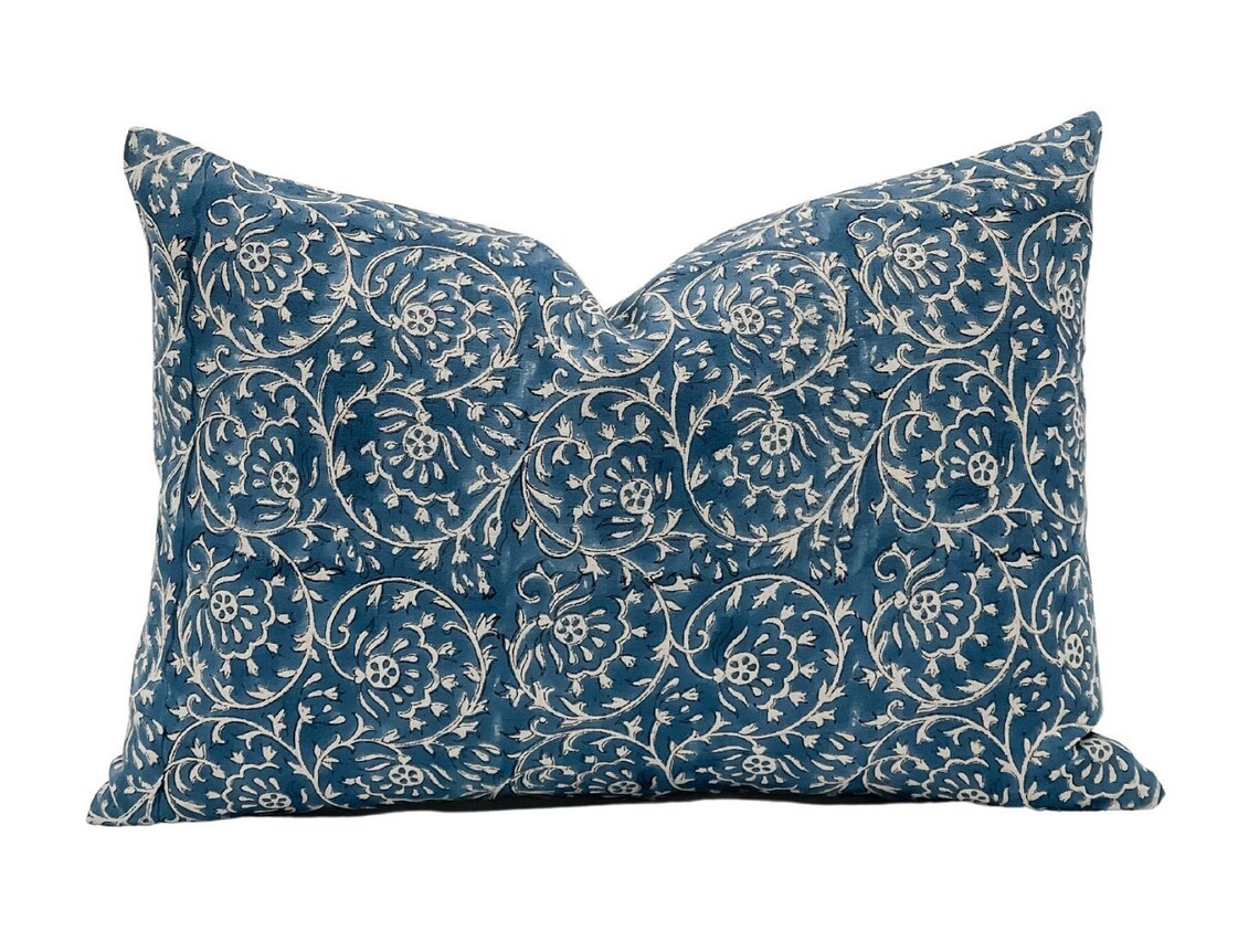 Designer Floral Indigo Blue on Natural Linen Pillow Cover Etsy