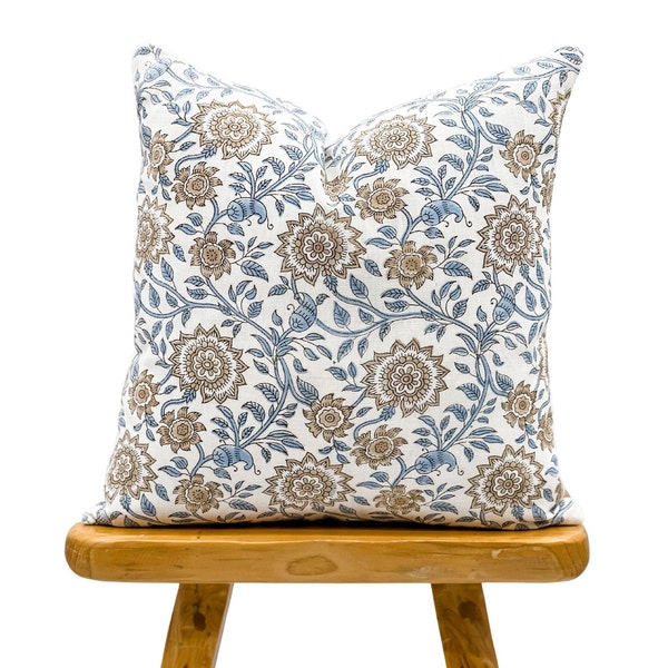 Designer Floral on Off White Linen Pillow Cover, Blue and Beige Pillow, Boho Pillow, Decorative Throw Pillows, Neutral Decor