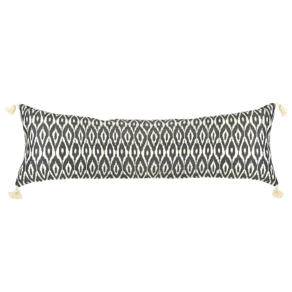 Cuscino Bolster, Cuscino Extra Long Lumbar, Cuscini decorativi Cover, Cotone Ikat Off Crema Naturale Bianca con modello nero astratto, nappe