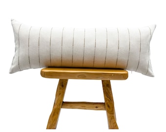 Extra Long Lumbar Pillow Cover, Bolster Pillow, Hmong Pillow, Ethnic Cream White with beige textured stripes pillow 14x36, Neutral pillow