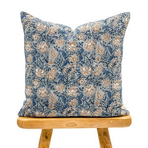 Designer Floral Print on Natural Linen Pillow Cover, Grey Blue and Beige Pillow cover, Boho Pillow, Blue pillow, Floral Throw pillow cover