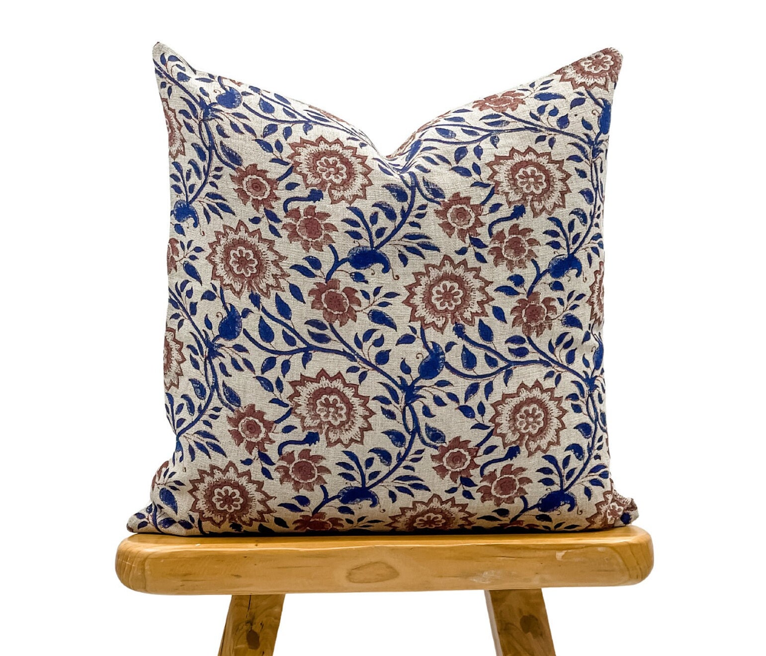 Designer Floral on Natural Linen Pillow Cover // Indigo Blue Etsy