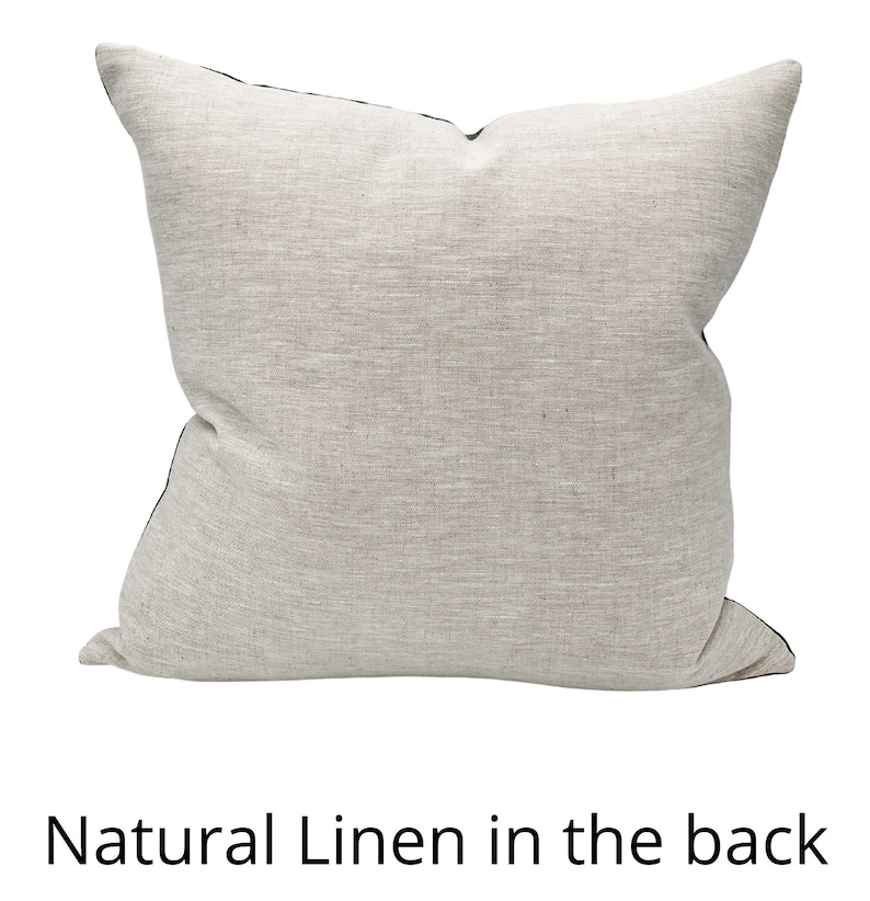 May include: A beige linen pillow with a black border. The back of the pillow is made of natural linen.