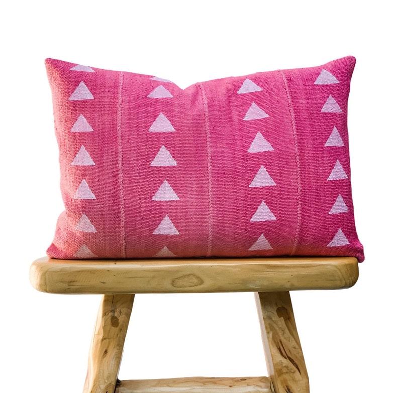 Authentic African Pillow, Lumbar Pillow, Pink Mudcloth Pillow, Pink and White triangles Pillow Cover , Throw Pillow cover, Cushion 14x20 image 1