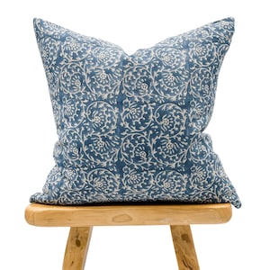 Designer Floral Indigo Blue on Natural Linen Pillow Cover, Blue Pillow cover, Boho Pillow, Decorative Throw Pillow, Floral pillow cover