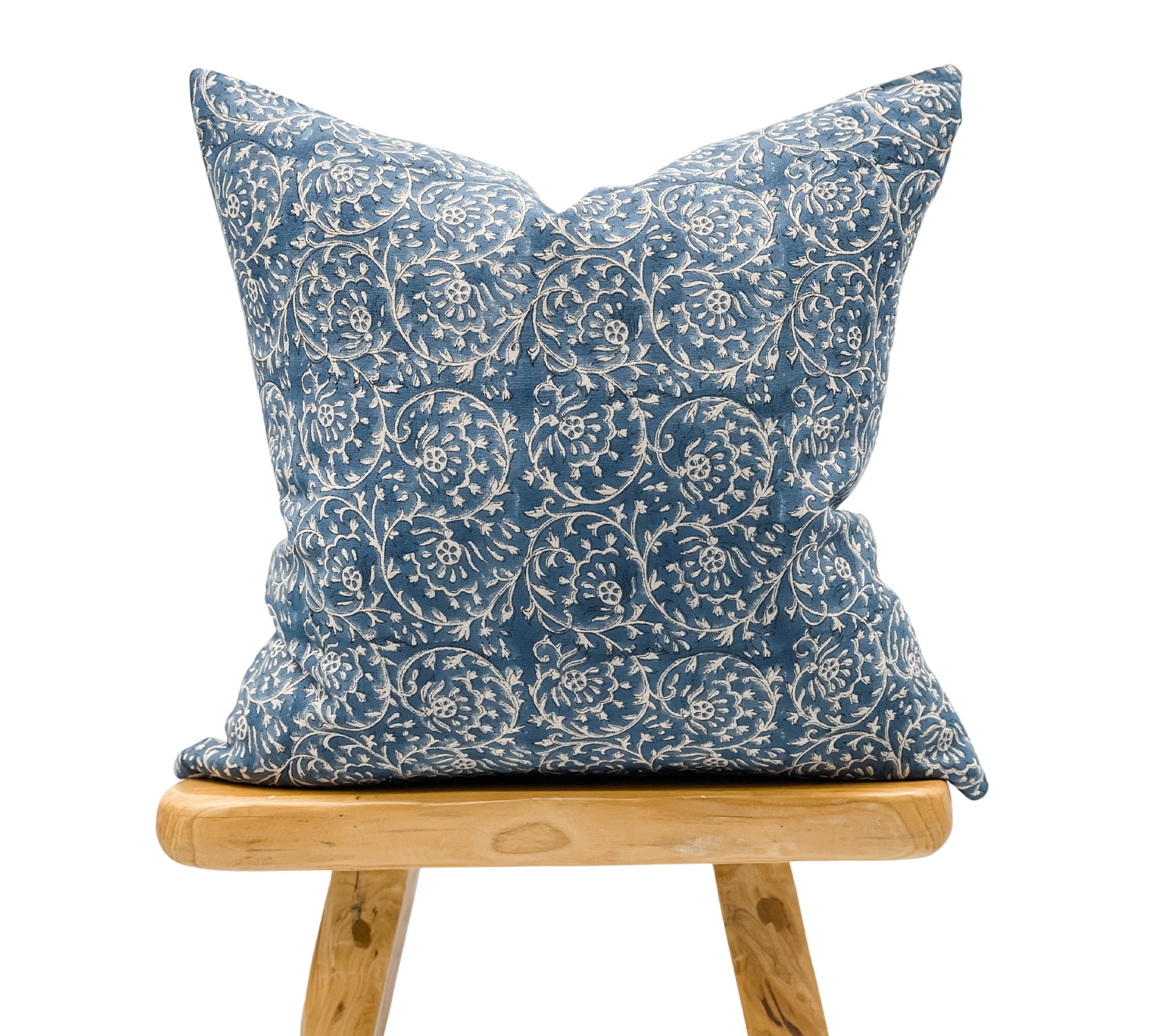 Designer Floral Indigo Blue on Natural Linen Pillow Cover Etsy