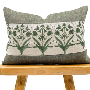 Green Floral Pillow Cover, Olive green with Printed Flowers Pillow, One of a kind Pillow Cover 14x20, Farmhouse pillow, High End pillow