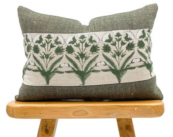 Grönt blommigt örngott, Olivgrönt med tryckta blommor kudde, Unikt örngott 14x20, Bondgårdskudde, Lyxig kudde
