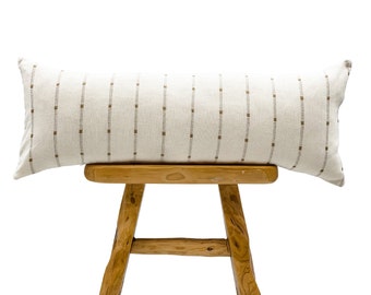 Extra Long Lumbar Pillow Cover, Bolster Pillow, Hmong Pillow, Ethnic Cream White with beige textured stripes pillow 14x36, Neutral pillow