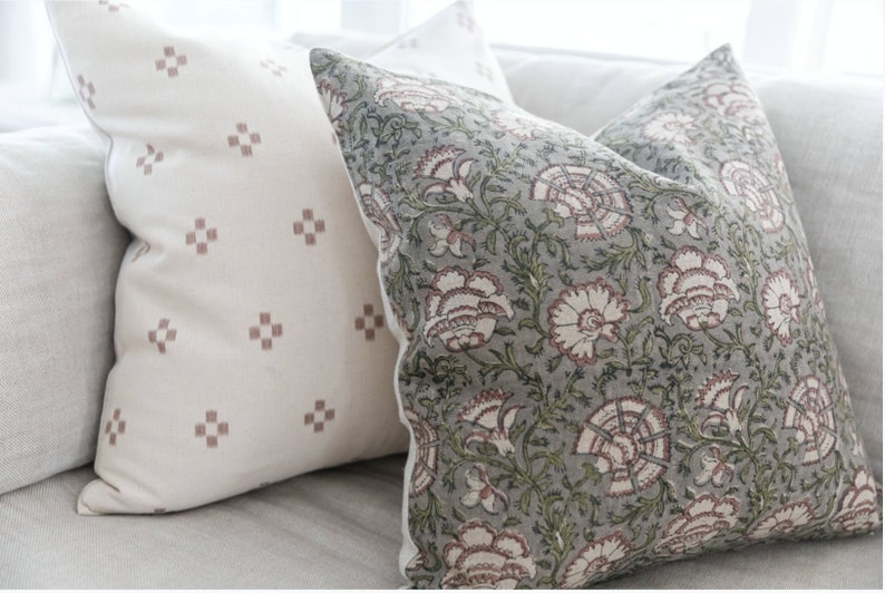 Kufri Hiroki in Dusty Mauve Cream white and tan dots Hmong KRINTO pillow combination #2 Pillow set Designer Nisa Mave on Natural Linen