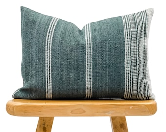 Lumbar Pillow Cover 14x20, Indian Wool Pillow Cover, Muted Teal Green Wool Pillow, Teal with White Stripes Pillow Cover, Farmhouse pillow